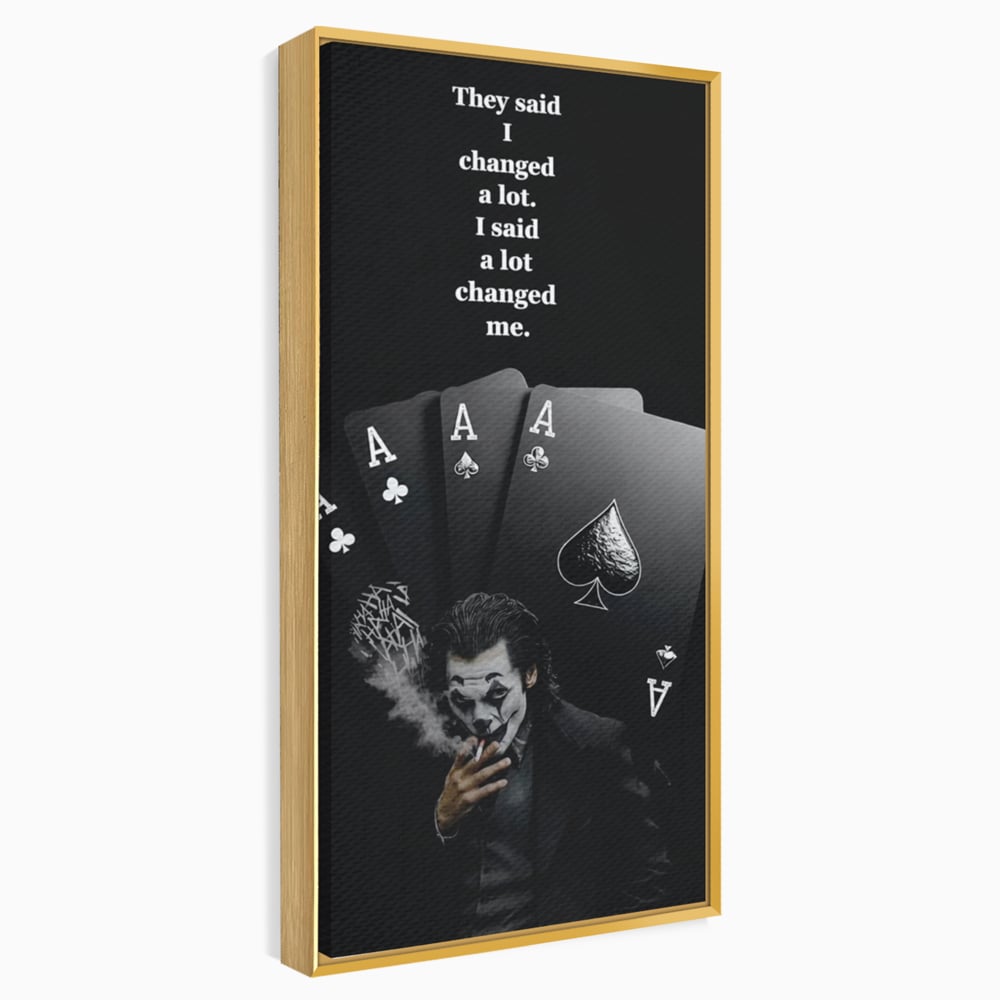 Tablou canvas cu tablou motivational cu joker si carti de joc, in rama de aluminiu auriu